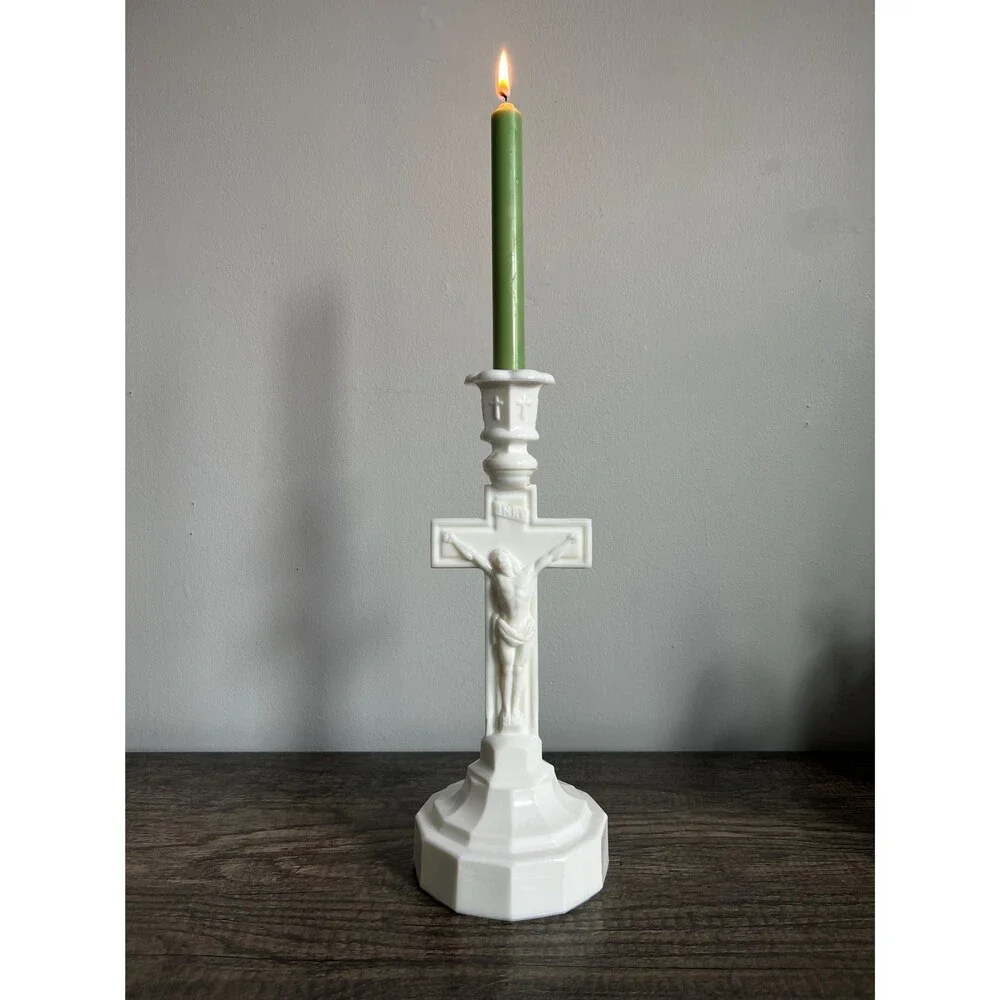 Vintage Milk Glass Crucifix Candle Holder